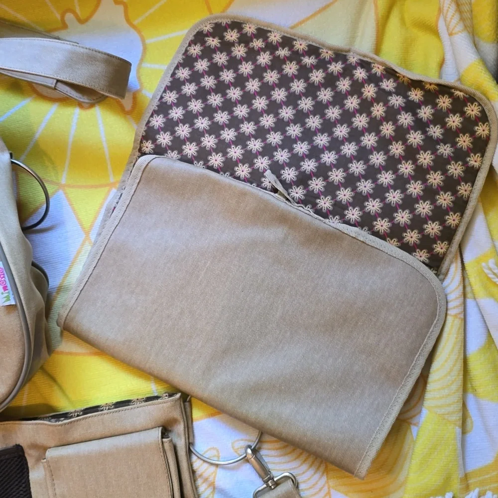 VGUC- Minene Tan Baby Diaper Bag with Adjustable Straps And Accessories